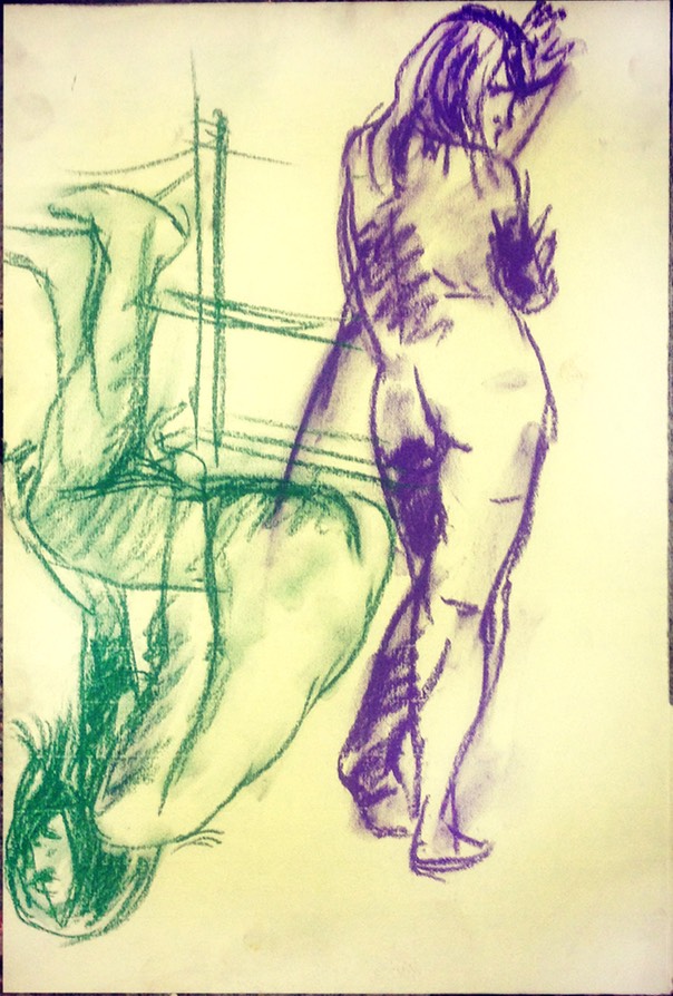 
Life Drawing of female model called WOMAN IN 2 POSES WITH PURPLE|GREEN by Gary G. Erickson