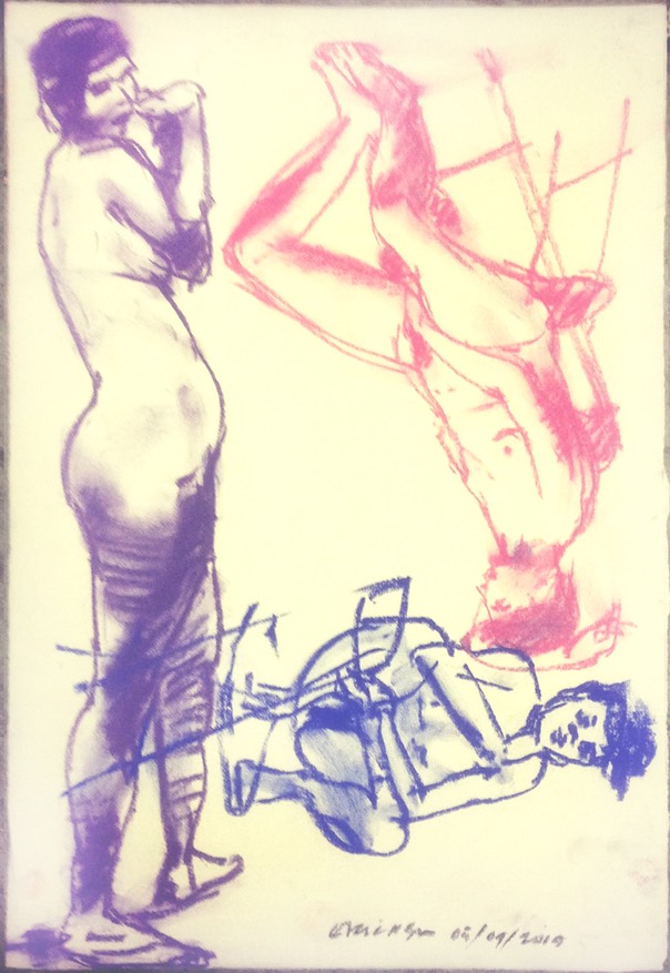 Life Drawing of female model called WOMAN IN 3 POSES WITH PURPLE|PINK|BLUE by Gary G. Erickson
