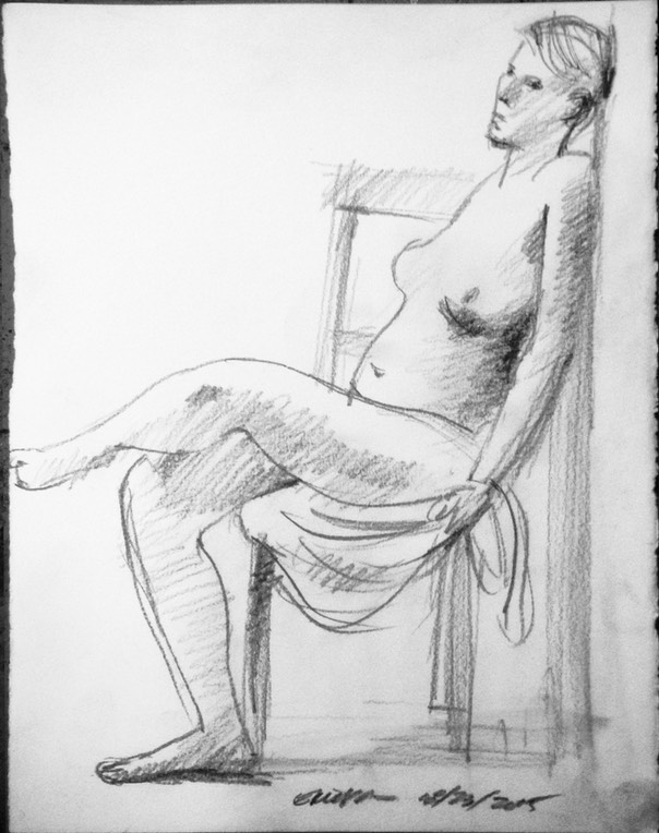 
Life Drawing of female model called WOMAN SEATED AGAINST WALL by Gary G. Erickson